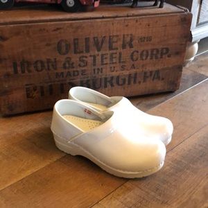 Sanita Patent White Leather Clogs